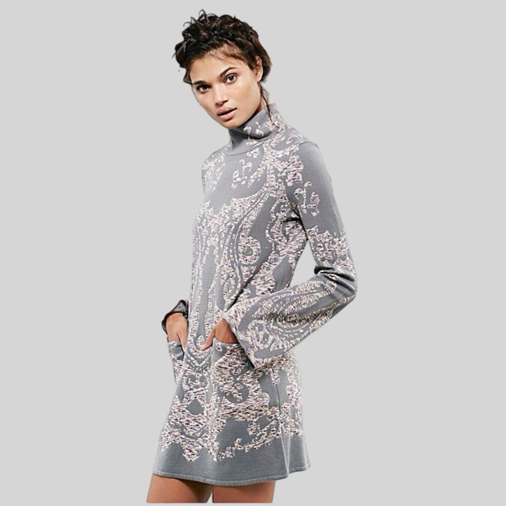 Free People Modern Love Sweater Dress Size L Mini Boho Gray Romantic Cottagecore
